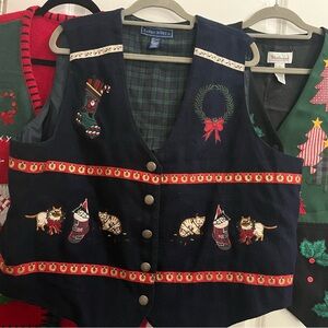 Vintage Karen Scott Navy Christmas Vest with Festive Cats